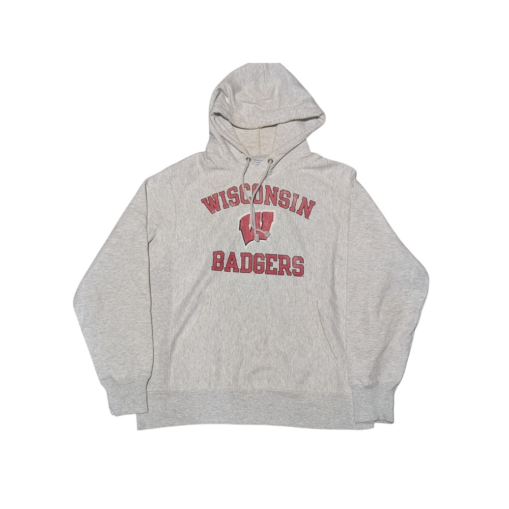 Champion Hoodie Mens M Grey Wisconsin Badgers Reverse Weave Vintage Sweatshirt